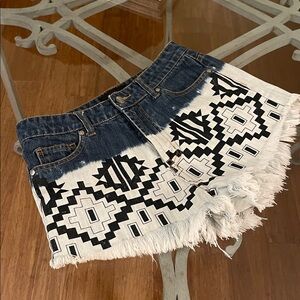 Mink Pink Aztec Dip-Dye Denim Shorts with Frayed Hem - Blue/White